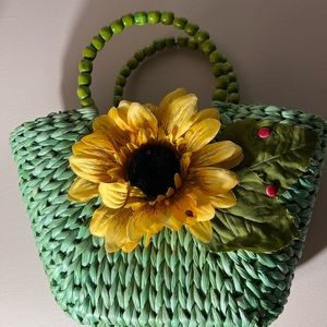 Green Raffia bag Wooden Beaded Handle draw string closure sunflower and ladybug